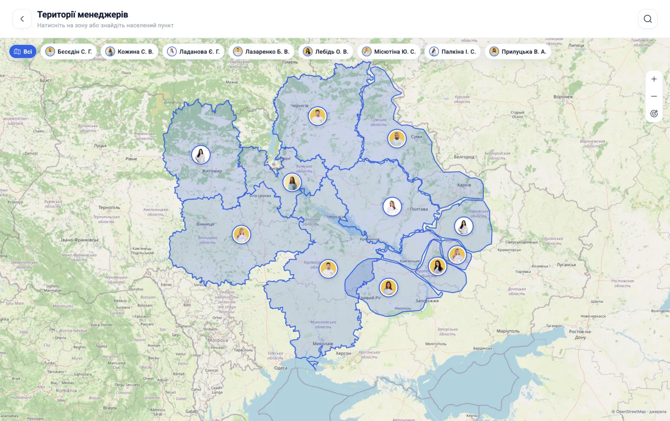 ChemAlliance manager territories drawn on a map of Ukraine