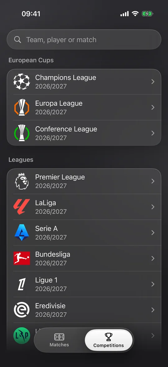 KickPick competitions: European cups and leagues